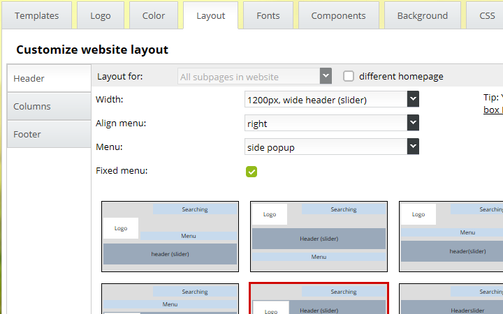 Layout of header, columns and footer