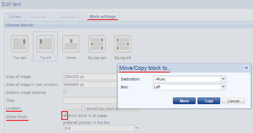 block settings