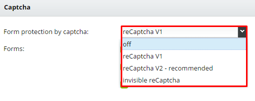 form protection by captcha admin settings