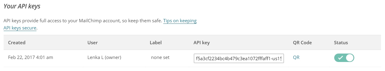 api key created MailChimp